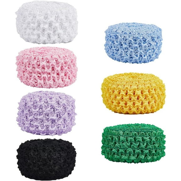 7 Colors 15 Yards Elastic Crochet Headband 1.5" Wide Colorful Crochet Stretch Trim Roll Ribbon Hair Band Green Yellow Pink for Girls Hair Accessory Head Bows Tutus Dresses Gift Wrapping Silver