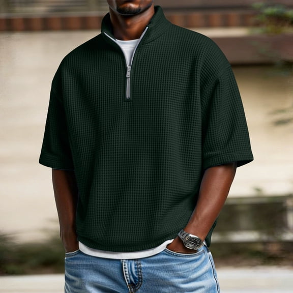 T-shirt for Men Summer Cotton Short Sleeve Solid Color Half Zipper Pullover Lapel Casual Comfortable Soft Shirts Army Green S-3XL
