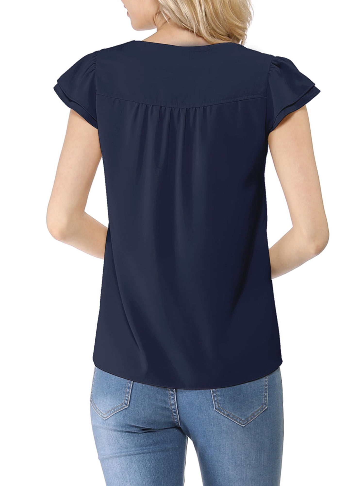 DARING DIVA Women's V Neck Casual Solid Cap Blouse Top S Dark Blue