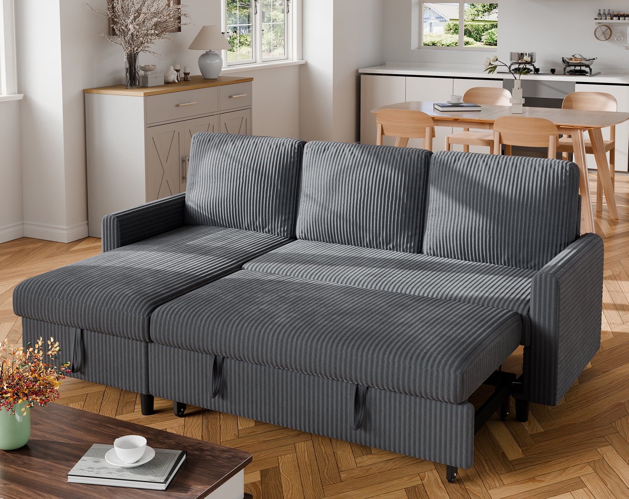 Walsunny Pull Out Sectional Sleeper Sofa Bed L Shape Couches with Reversible Storage Chaise for Living Rooms Small Rooms Apartment,Dark Gray