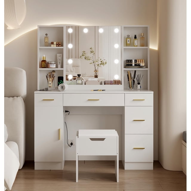 56’’ Makeup Vanity Desk with Mirror and LED Lights,Modern Dressing Table with Drawers & Adjustable Shelves, Makeup Table Set with Power Outlet,Cushioned Stool for Bedroom(Brown、white)
