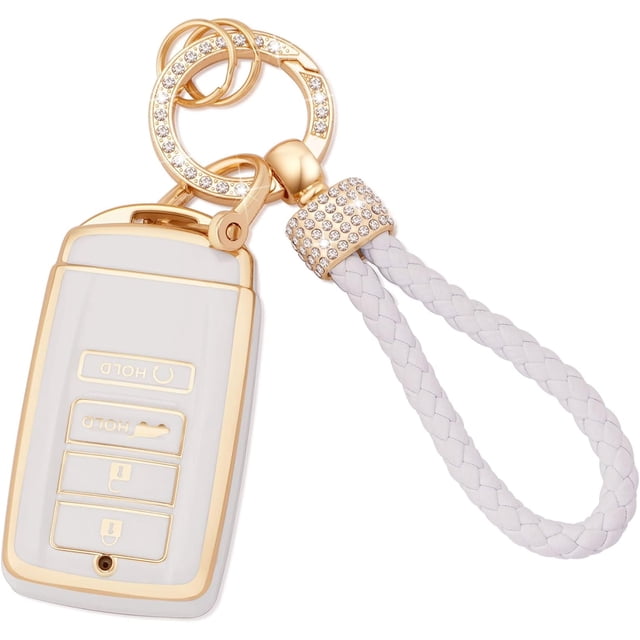 Car Key Fob Cover for ACU-ra CDX RDX RLX TLX TLX-L ILX NSX 4 Buttons TPU Soft Smart Car Key Shell Case Key Protector with Bling Leather Keychain,1,white