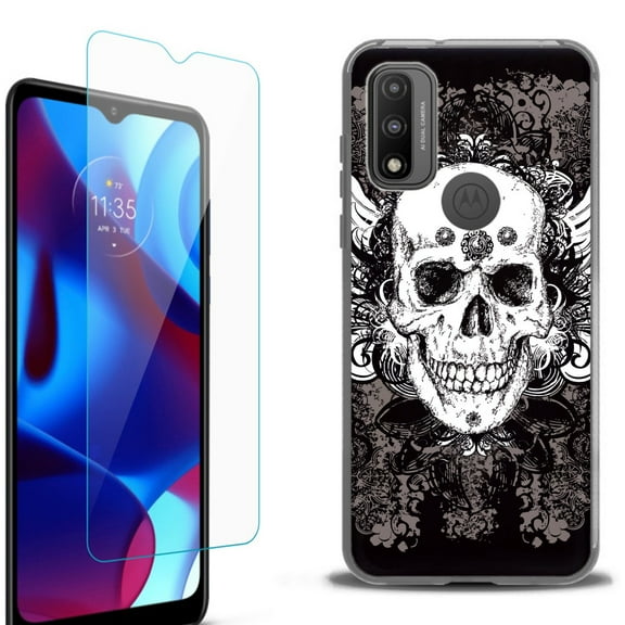 Slim-Fit Protective Phone Case (Black) compatible with Motorola Moto G Pure 5G, with Tempered Glass Screen Protector, by OneToughShield ® - Grunge Skull