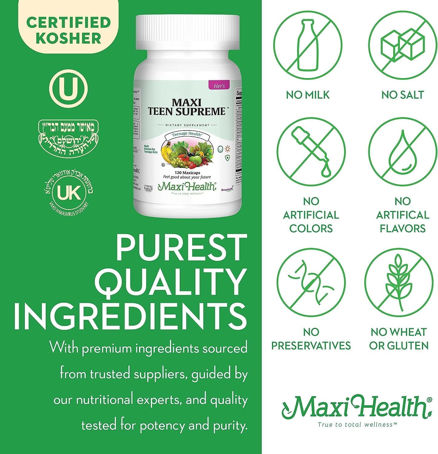 Maxi Health Teen Supreme Her – Multivitamin for Teen Girls with D3, Iron, Calcium & Enzymes – 120 Capsules