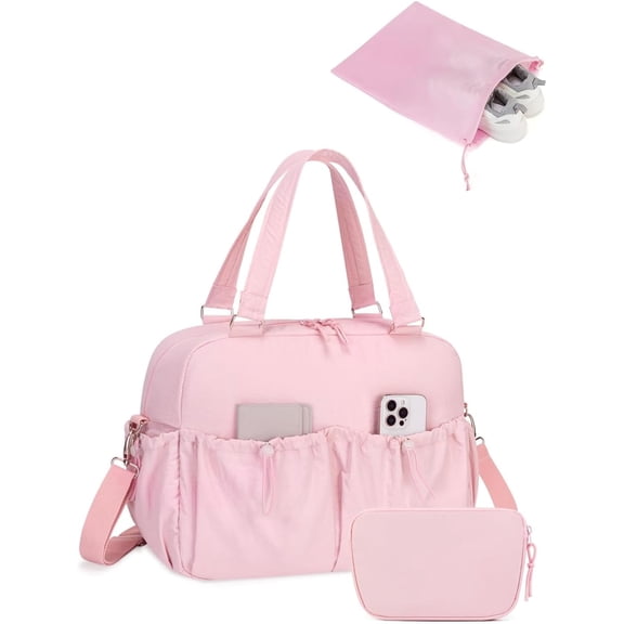 Carry On Duffle Bag with 15.6 Inch Laptop Compartment, Gym Bag for Women with Wet Pocket, Shoe Bag and Toiletry Pouch, Personal Item Travel Duffel Weekender Overnight Bags, Pink