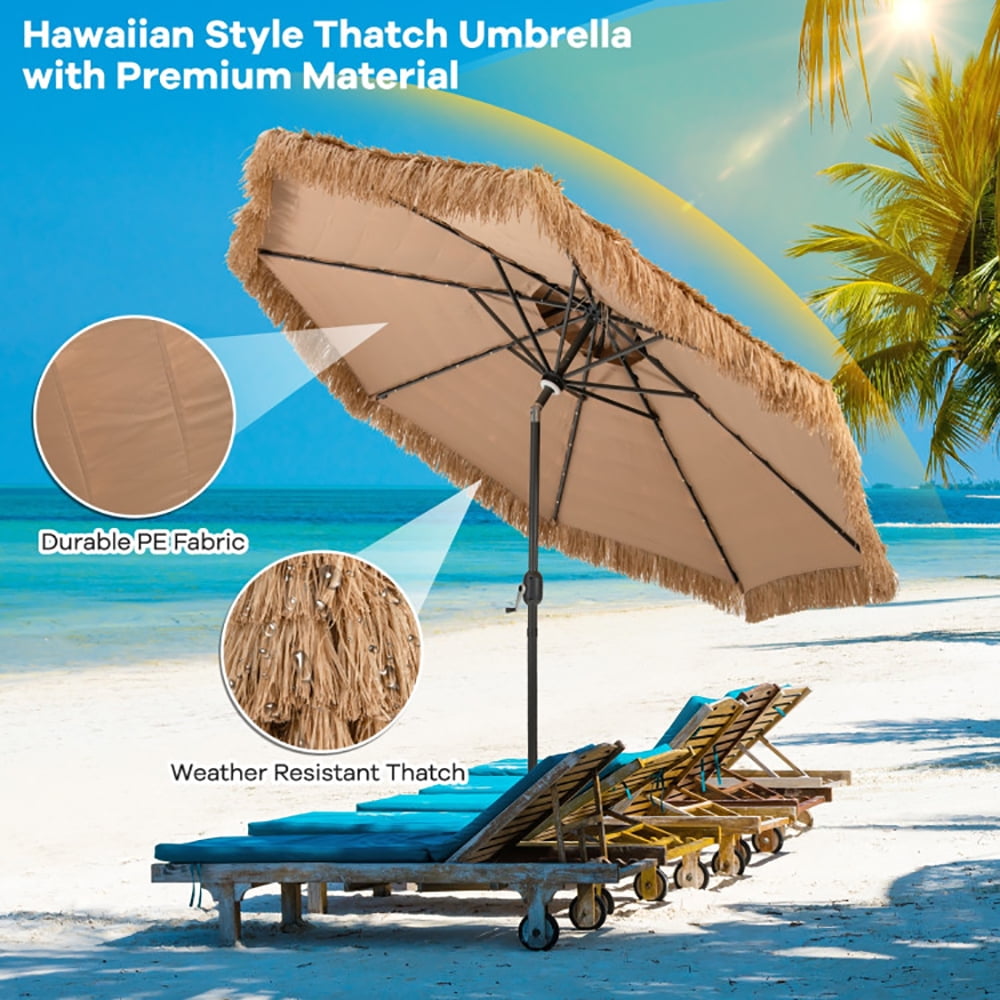 Aimee Lii 10 Feet Hawaiian Style Solar Lighted Thatched Tiki Patio Umbrella, Patio Table Umbrella