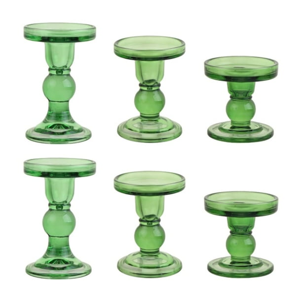 Juego de candelabros BTGLLAS de vidrio verde de 6 piezas con soporte y vela
