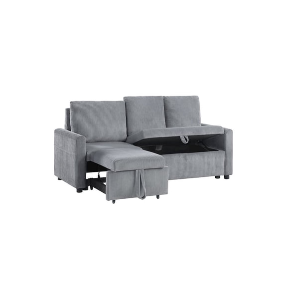 Lilola Home 70"W Gray Corduroy Sofa with Pull-Out Chaise, Underseat Storage, Side Pocket