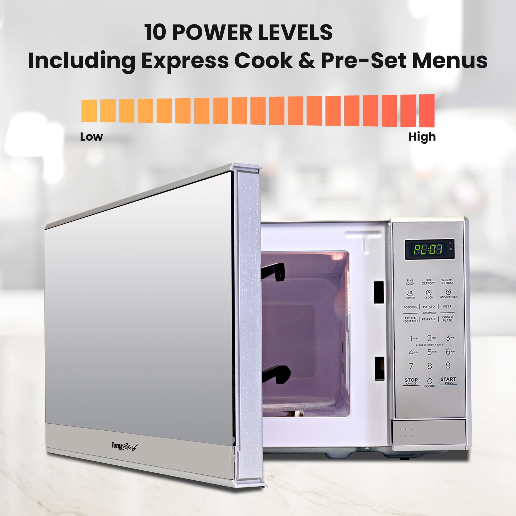 Total Chef Compact Countertop Microwave Oven, 700W, 0.7 Cubic Feet Capacity, Digital Touchscreen Controls, 6 Pre-Set Cooking Modes, Silver Stainless Steel