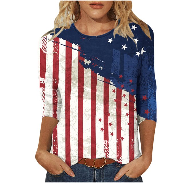 Birdeem T-Shirt Imprimé Mode pour Femmes Manches 3/4 Mi-Longueur Blouse Col Rond Hauts Décontractés