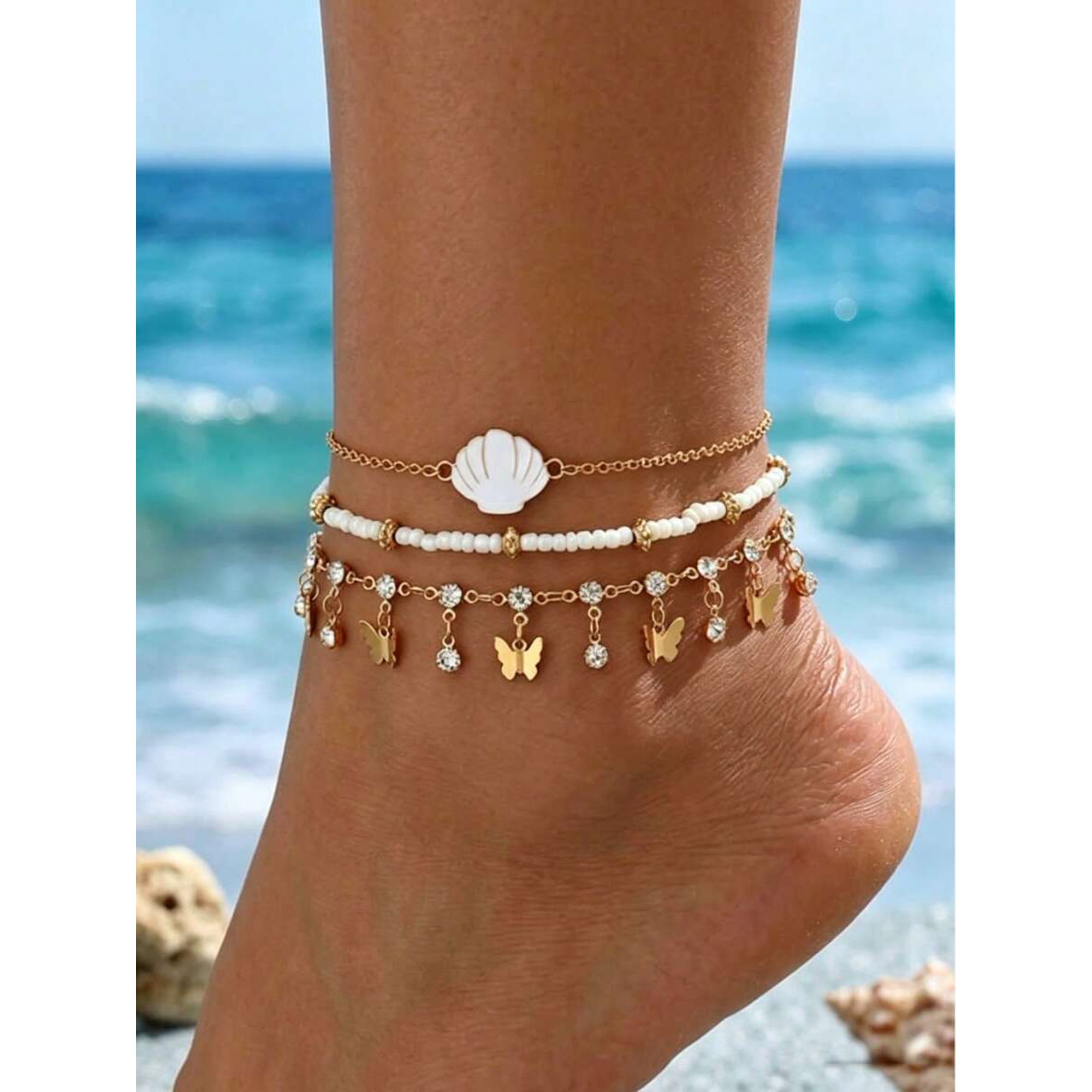 Multicolor-8 Goldtone Multi-Layer Anklet With White Shell Charm