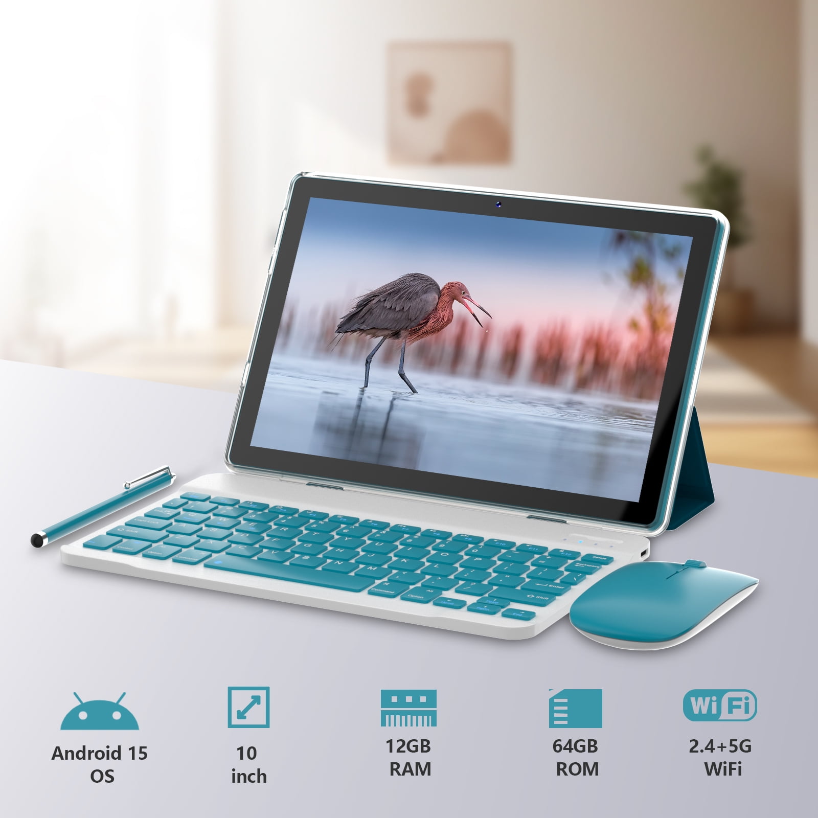 Android 15 Tablet, 10 inch 2 in 1 Tablets with Keyboard, 12GB RAM 64GB ROM 1TB Expand, Quad-Core 2.0Ghz CPU, 5G WiFi 6, BT5.0, 1280x800 HD Touchscreen, 6000mAh, Widevine L1, GMS Tablet, Navy