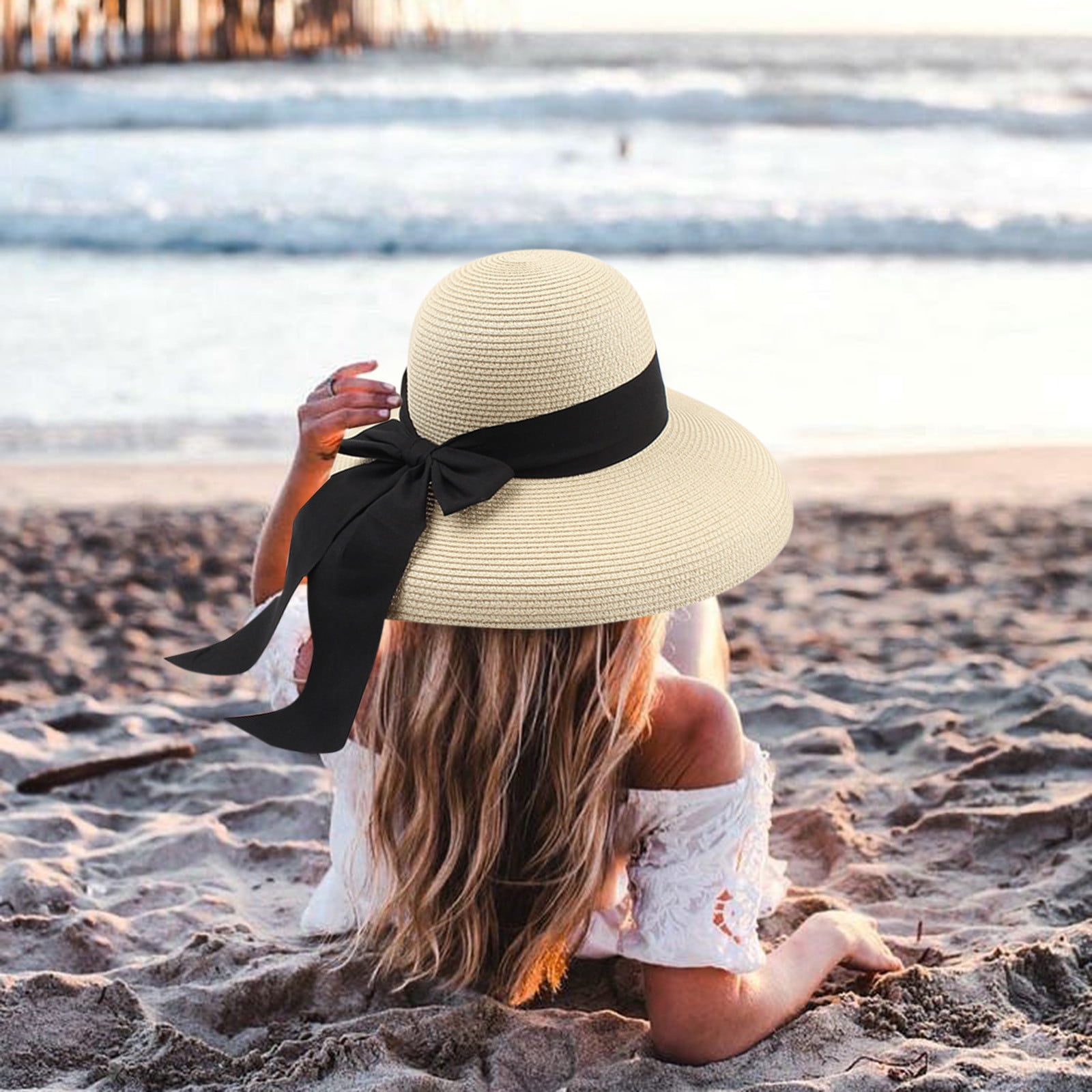 Foldable Women Bow Straw Beach Sun Summer Hat Wide Brim Elegant