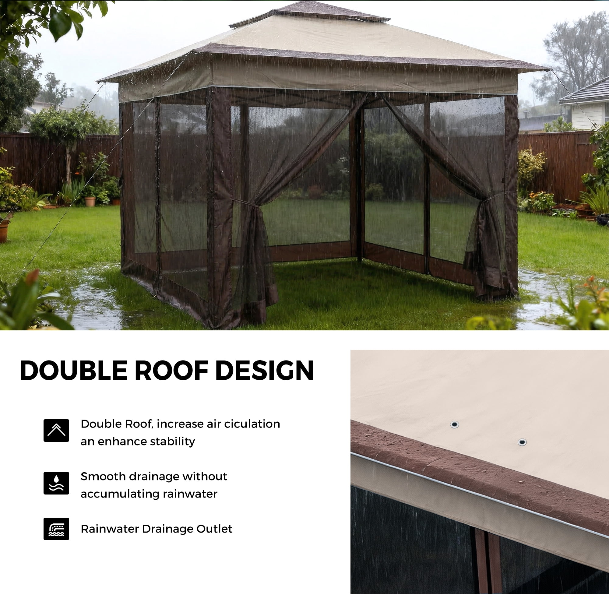 Advwin 11x11 Pop Up Gazebo Tent with Netting, Instant Outdoor Canopy Shelter with Wheeled Carry Bag, Double Roof Vent, 3 Adjustable Heights, Portable Canopy for Patio