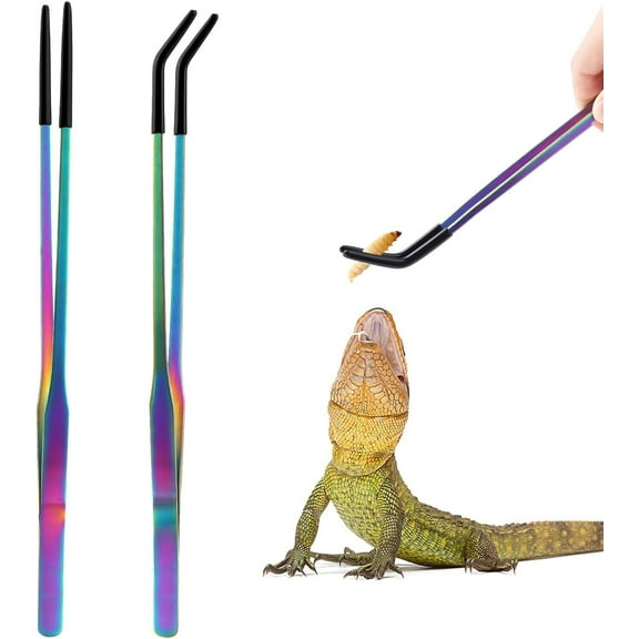 Extra Long Straight & Curved Tweezers, 10.6" Stainless Steel Reptile Feeding Tongs with Rubber Tip, Colorful, 2 Pack