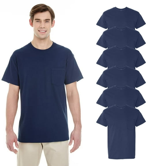 Gildan Short Sleeve Crewneck Mens Navy Pocket T-Shirt, 6 Pack, Heavy Cotton Classic Shirt, Size S