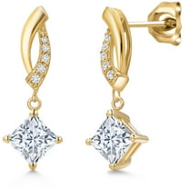 Gem Stone King 10K Yellow Gold White Moissanite and Lab Grown Diamond Stud Dangle Earrings for Women | 1.65 Cttw | Gemstone Birthstone | Princess 5MM