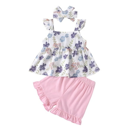 

EHTMSAK Infant Baby Toddler Children Girl 3PCS Floral Bow Tank Top and Ruffle Shorts Set Clothing Set Sleeveless Outfits Summer with Headband Pink 6M-3Y 100