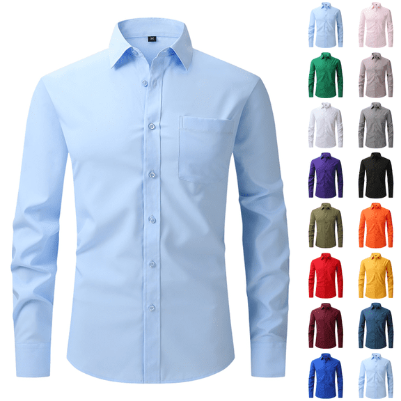 Men Long Sleeve Dress Shirt - Regular Fit Stretch Free-Wrinkle Casual Button Down Shirt Light Blue L