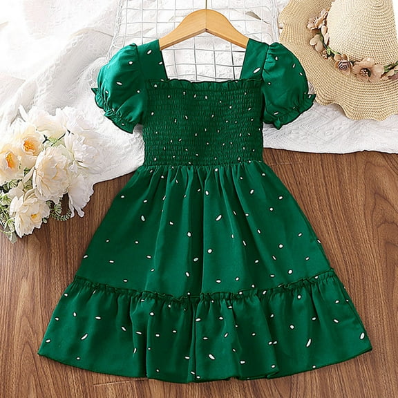 Girls A-Line Dresses Size 2-7 Short Puffed Sleeve Toddlers Kids Cute Polka Dot Printed Shirred Elastic High Waisted Square-Neck Dress