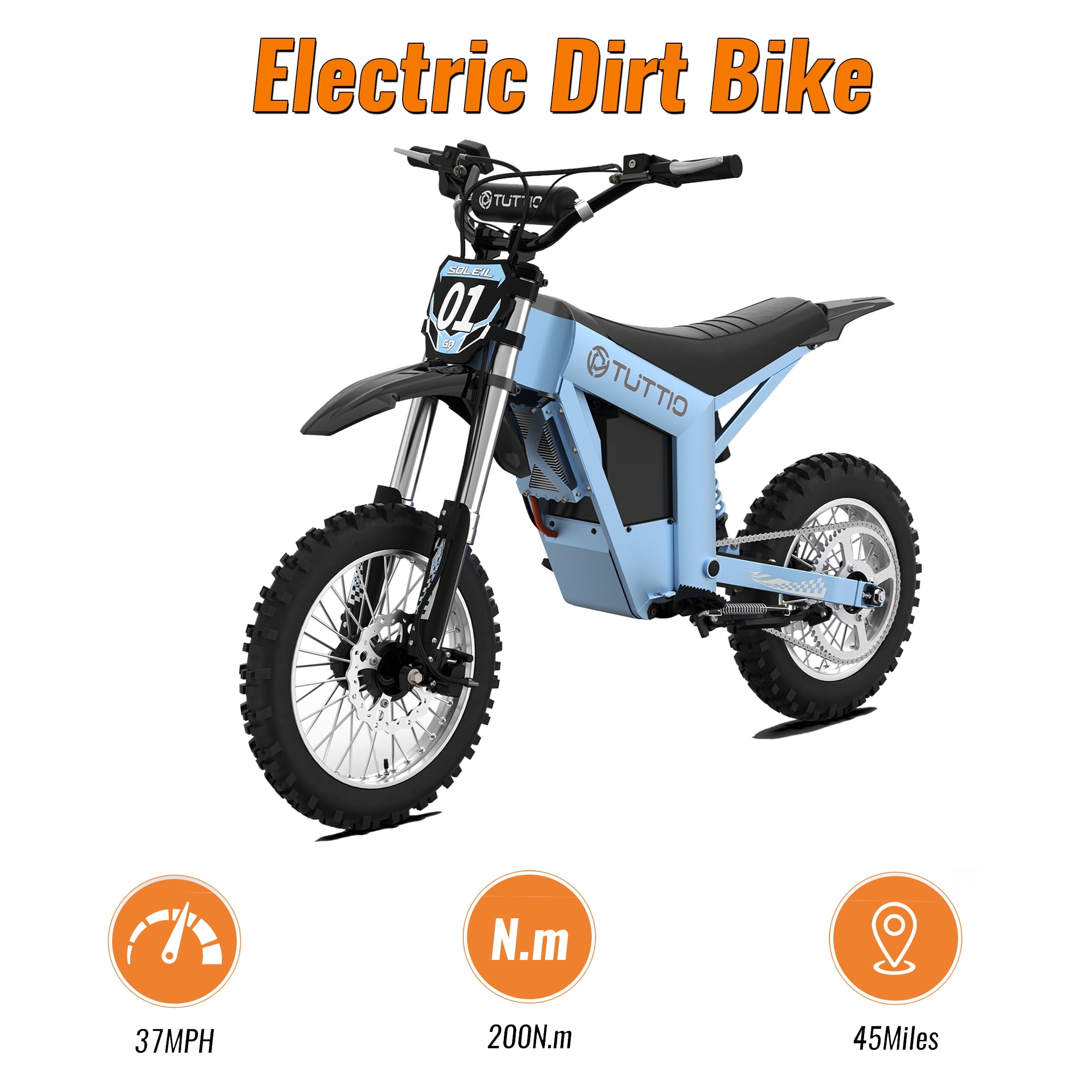 TUTTIO Soleil01GB 3000W Adult Electric Dirt Bike, 48V 21Ah Long-Range Battery, 37MPH Max Speed, 3-Speed All-Terrain Off-Road E-Motorcycle, UL 2849 Certified, Glacier Blue