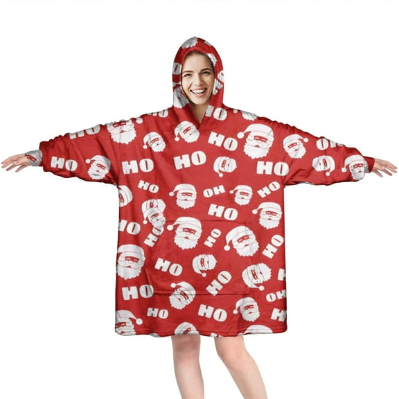 Wearable Oversized Blanket,Red Christmas Santa Pattern Wearable Blanket Hoodie for Adults,Cozy Hooded Blankets with Super Pockets,Super Warm Fuzzy Pullover for Women & Men