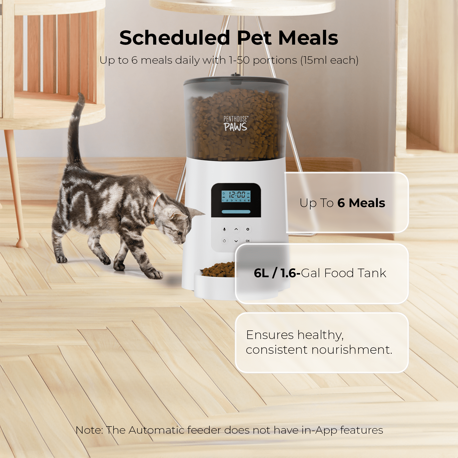 Penthouse Paws® Automatic Pet Food Feeder, 6L Capacity, LCD Panel, Voice Recording, Twist-Lock Seal, Backup Power, 15 Meals/Day, White, for Cat & Dog