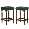 thumbnail image 5 of Set of 2 Rustic Wooden Counter Stools, 26-Inch Farmhouse Barstools with Green Fabric Padded Seat, Nailhead Trim, Distressed Walnut Finish &amp; Turned Legs – Counter-Height Kitchen Seating, 5 of 8