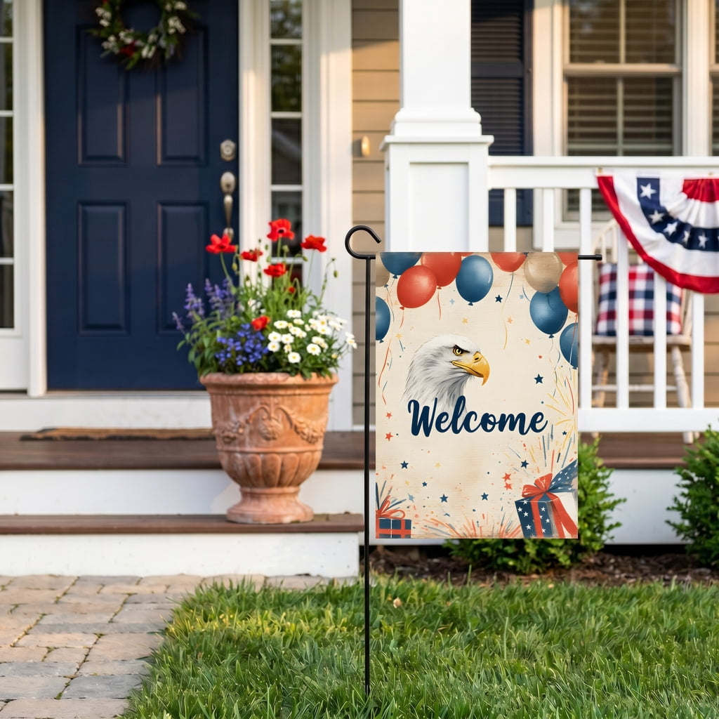 americana garden flag a welcome sign with an eagle and balloons Welcome america decor Large 28x40 Inch Decor Size 4th of july decorations