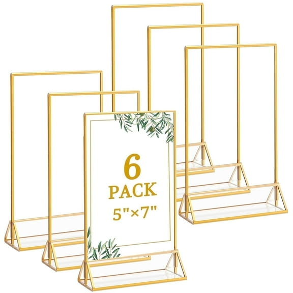 6 pack Acrylic Gold Sign Holder, 5x7 Double Sided Menu Holders, Wedding Table Numbers Picture Frames for Restaurants, Home, Photo Frames, Store - Gold