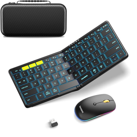 Foldable Keyboard and Mouse, Samsers KM08X Folding Bluetooth Keyboard Mouse Combo with Backlight, 2.4G + BT5.0 x 2, Full-Size Travel Keyboard & Porta