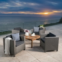 Cascada Outdoor 5 Piece Wicker Club Chair Set with Wood Coffee Table, Teak Finish, Dark Grey, Mixed Black