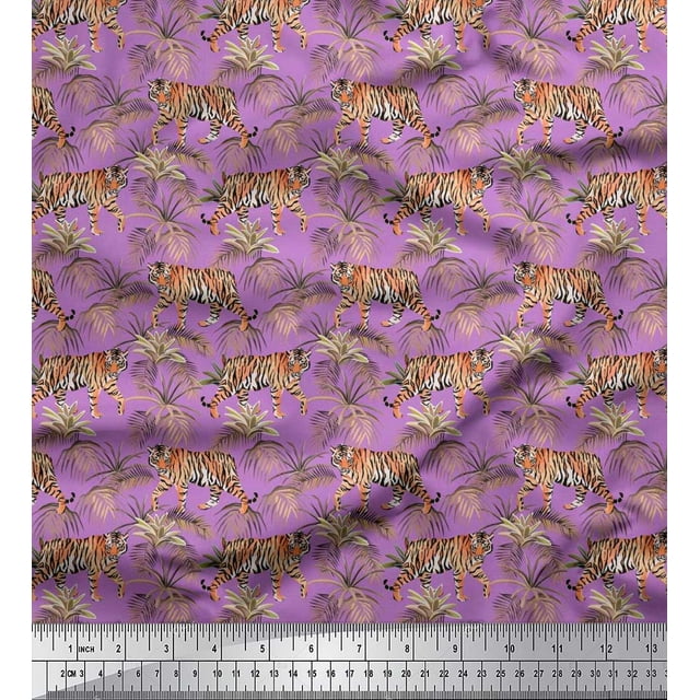 Soimoi Poly Georgette Fabric Leaves & Tiger Jungle Decor Fabric Printed Yard 42 Inch Wide