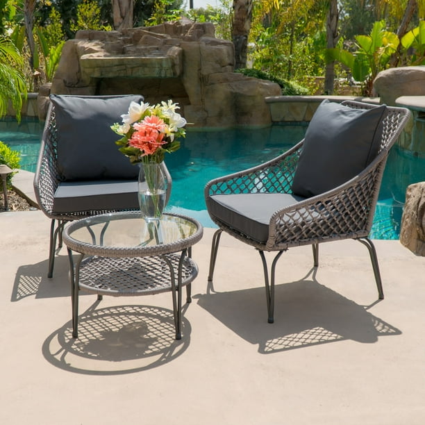 Belleze 3 Piece Wicker Set Outdoor Two Chairs Shelf Round Glass Table Plush Cushioned All Weather Brown Grey Com Round Glass Table Wicker Set, Round Glass Table And Chairs Garden