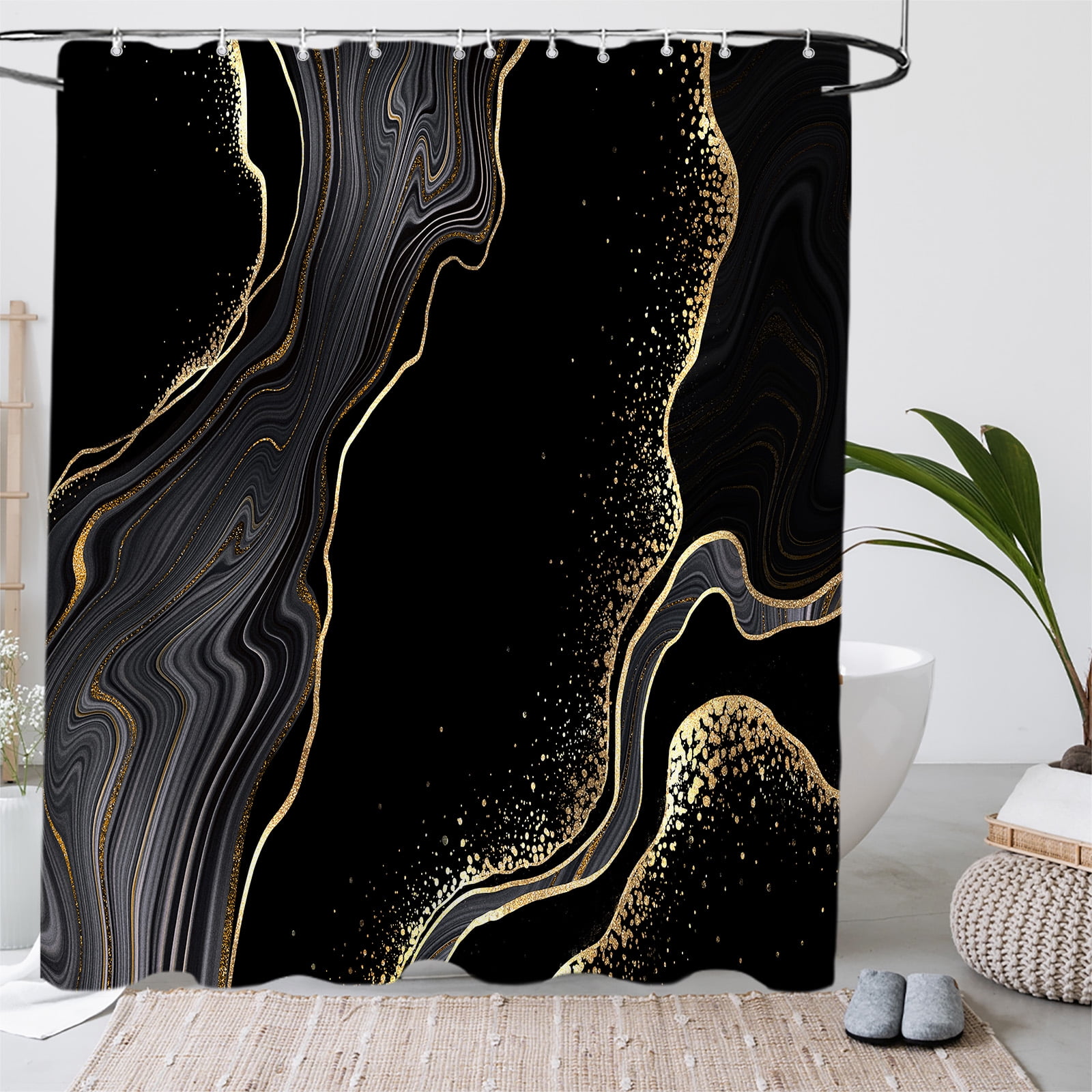 4pcs Black and Gold Marble Shower Curtain Set with Hooks for Bathroom