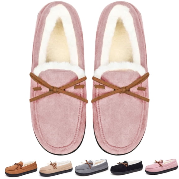CHICVOMEY Women's Faux Fur Lined Winter Moccasins Slippers Suede Winter House Slippers for Women& Men Indoor Outdoor Slip On Moccasins Slippers