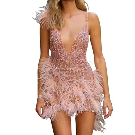 JBXKXYW Dresses for Women 2024 Sexy Party Dress With Feather Halter and Deep V Neck for Women Womens Dresses (Pink XXL)