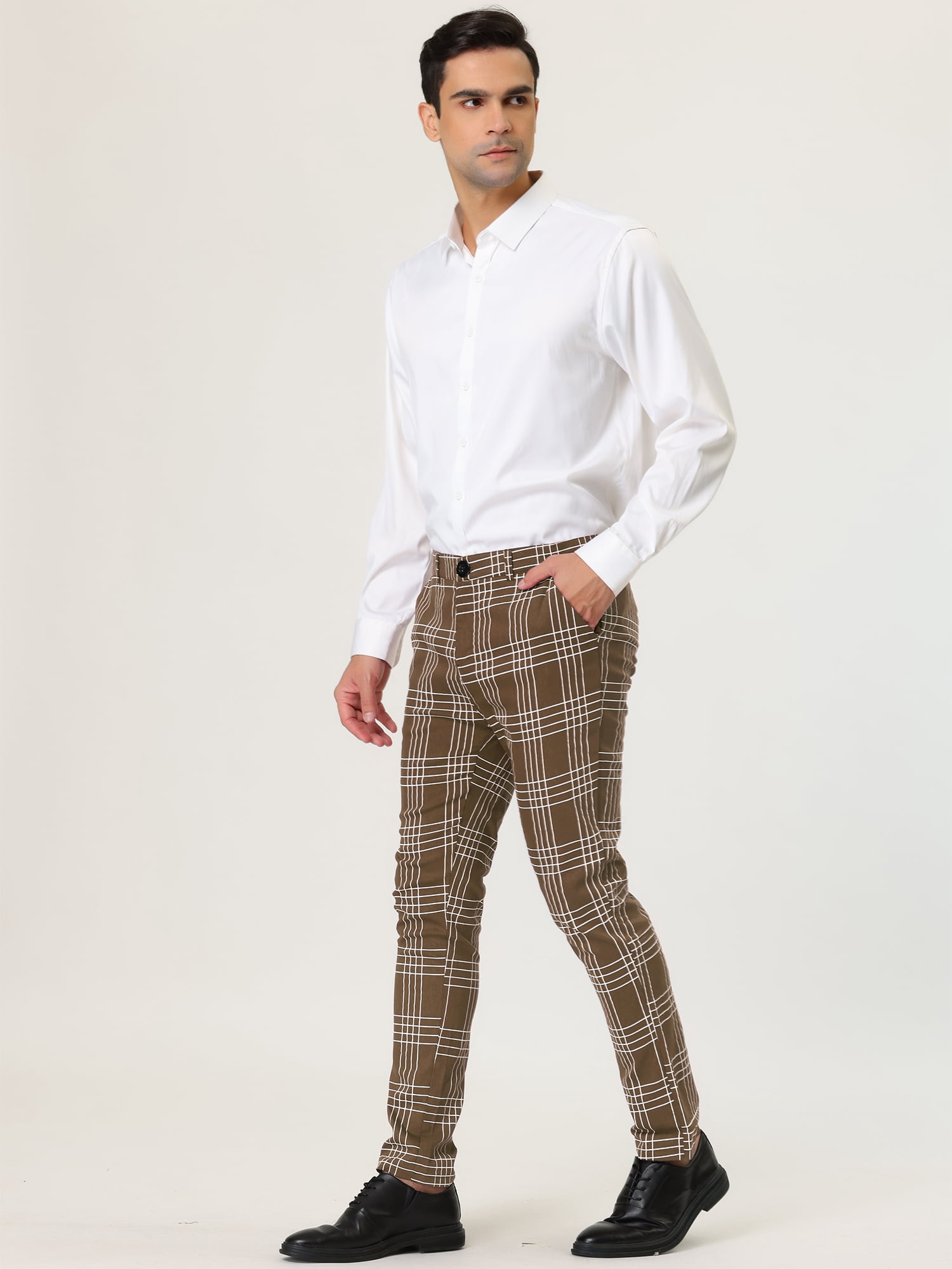 Unique Bargains Men's Dress Plaid Pants Formal Slim Fit Printed Business Checked Trousers 34 Dark Brown
