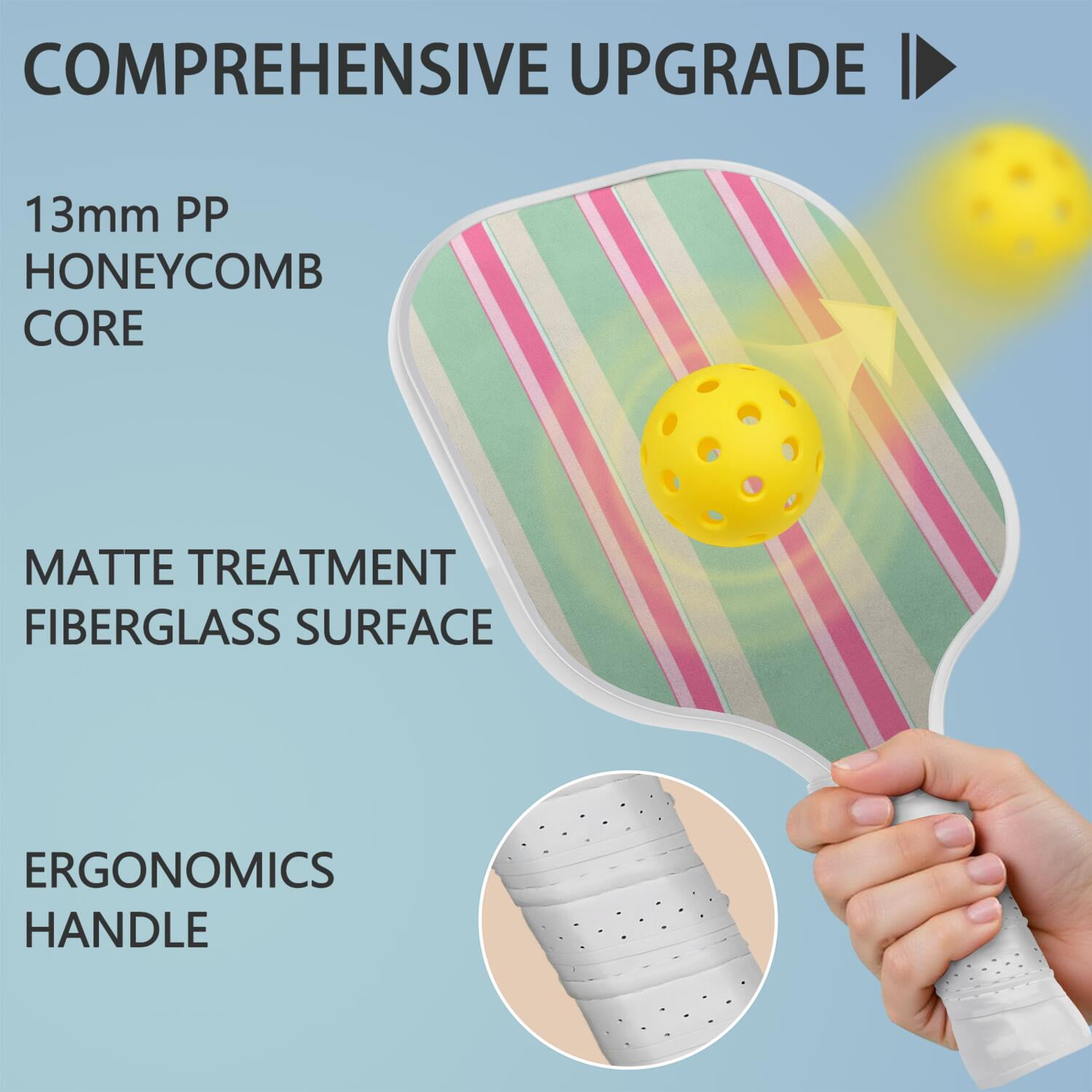 Pickleball Paddles Set Of 1, Fiberglass Surface, Colorful Lines Print, 1 Paddle, 2 Balls & Bag