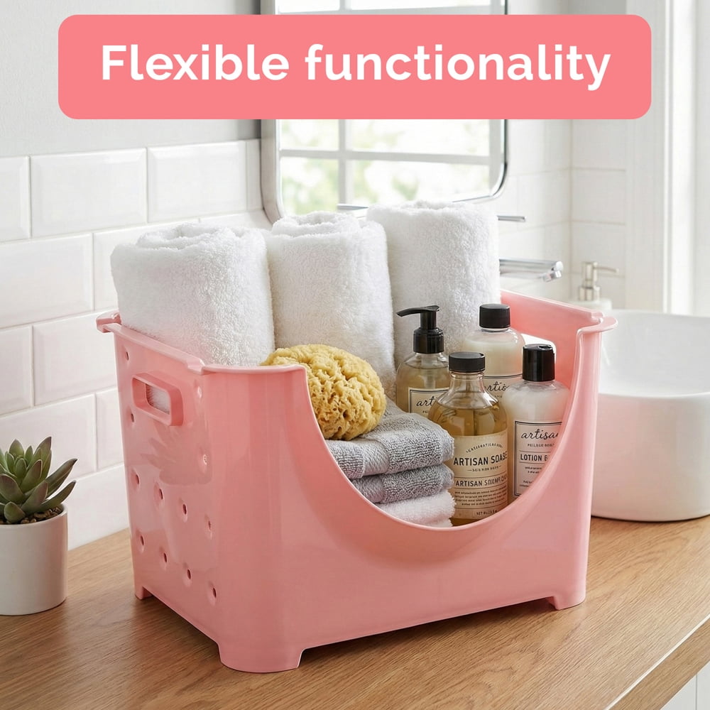 "Stackable Plastic Storage Container, Pink Stacking Bins"