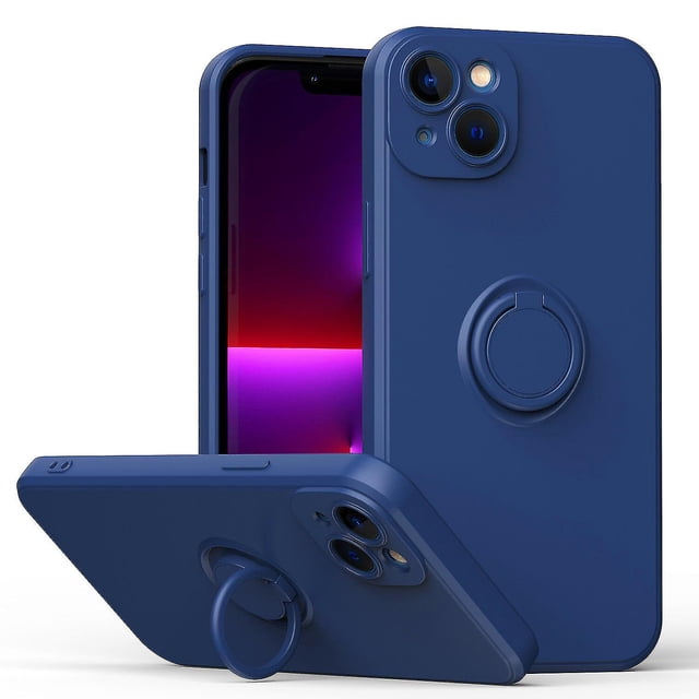 Funda de color sencillo para iPhone 14 Plus con soporte de anillo, placa metálica para carga magnética, diseño antigolpes y soporte giratorio de 360 grados.