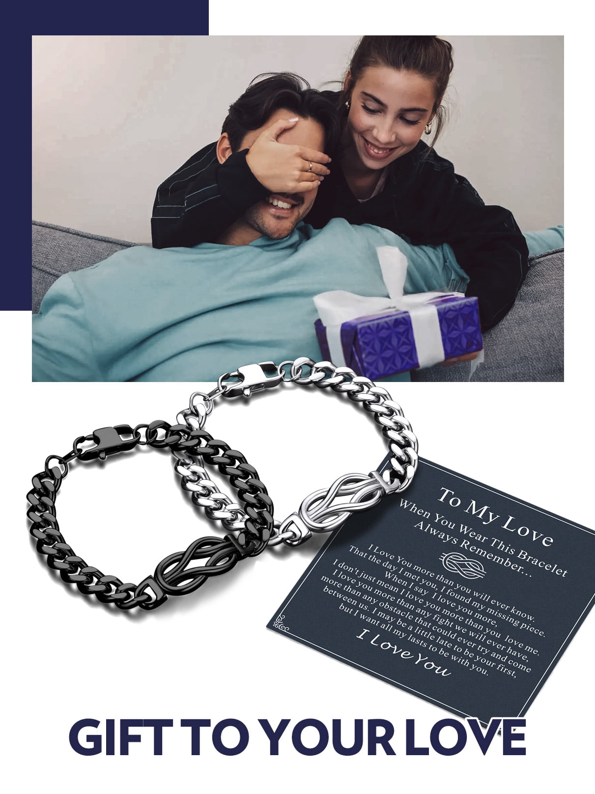 Bandmax 9'' Black Cuban Chain Bracelet for Men Women Stainless Steel Infinity Knot Bracelet Link Chain Gift with Love Message Card Gift Father's Day Birthday for Your Love