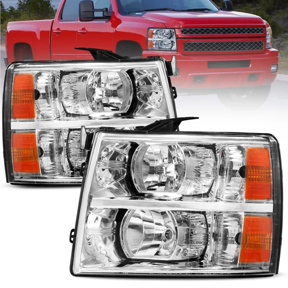 MOSTPLUS Pair Chrome Headlights Clear Lens for 2007-2013 Chevy Silverado 1500 2500 3500 w/ Amber Corner