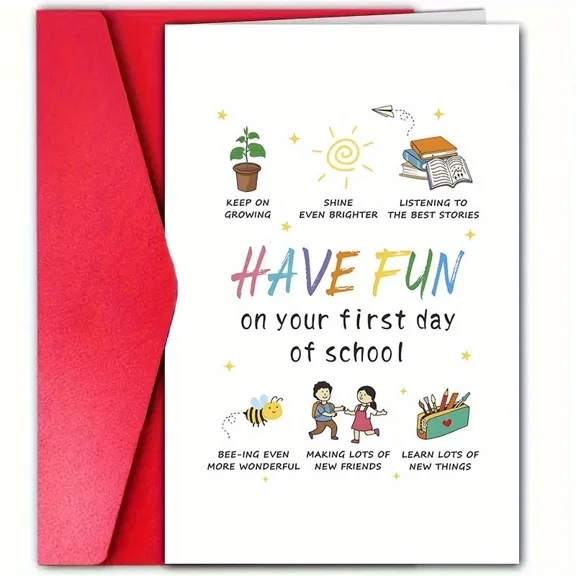 First Day of School Card – "Have Fun on Your First Day" Colorful Design – Includes Envelope, Blank Inside – Perfect for Kids' Back to School Celebrations