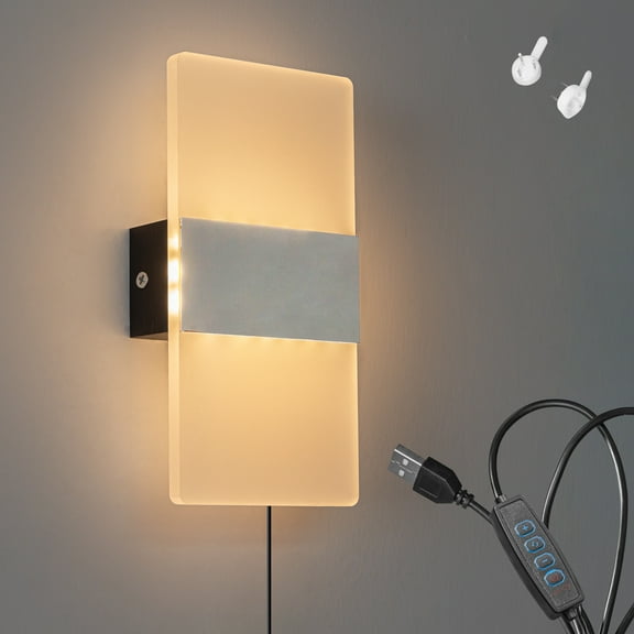 Kiven Acrylic Plug in Wall Lamp, Plug-in LED Wall Sconces with 3 Color Modes, 1-Light Accent Lighting with 5.9ft Plug in Cord for Living Room Bedside Hallway Vanity Table,Warm White 3000K