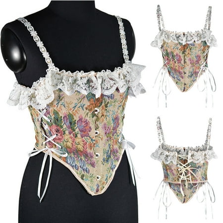 TMOYZQ Women s Gothic Punk Lace Bustier Retro Court Lace-up Fishbone Corset Crop Tops Spaghetti Strap Sleeveless Camisole Lingerie Club Party Going Out Tops