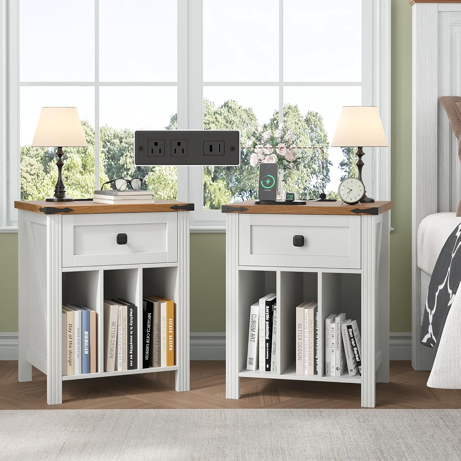 VEANERWOOD Nightstand with Drawers and Charging Station, Farmhouse Vinyl Record Storage Cabinet End Table for Bedroom Living Room