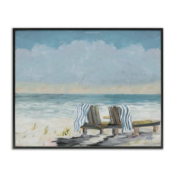 Stupell Industries Peaceful Beach Chairs Landscape Painting Black Framed Art Print Wall Art, 30 x 24