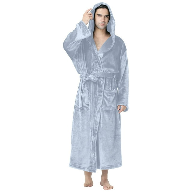 GPOECD Men's Plus Size Solid Color Hooded Drawstring Long Sleeve Pocket Home Leisure Wear Long Robe for Use as Mens Pajamas Grey,XXXL