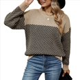 thumbnail image 1 of Suéter de Punto A Rayas para Mujer, Cuello Redondo, Larga, Holgado, para Otoño e Invierno. Caqui S, 1 of 10